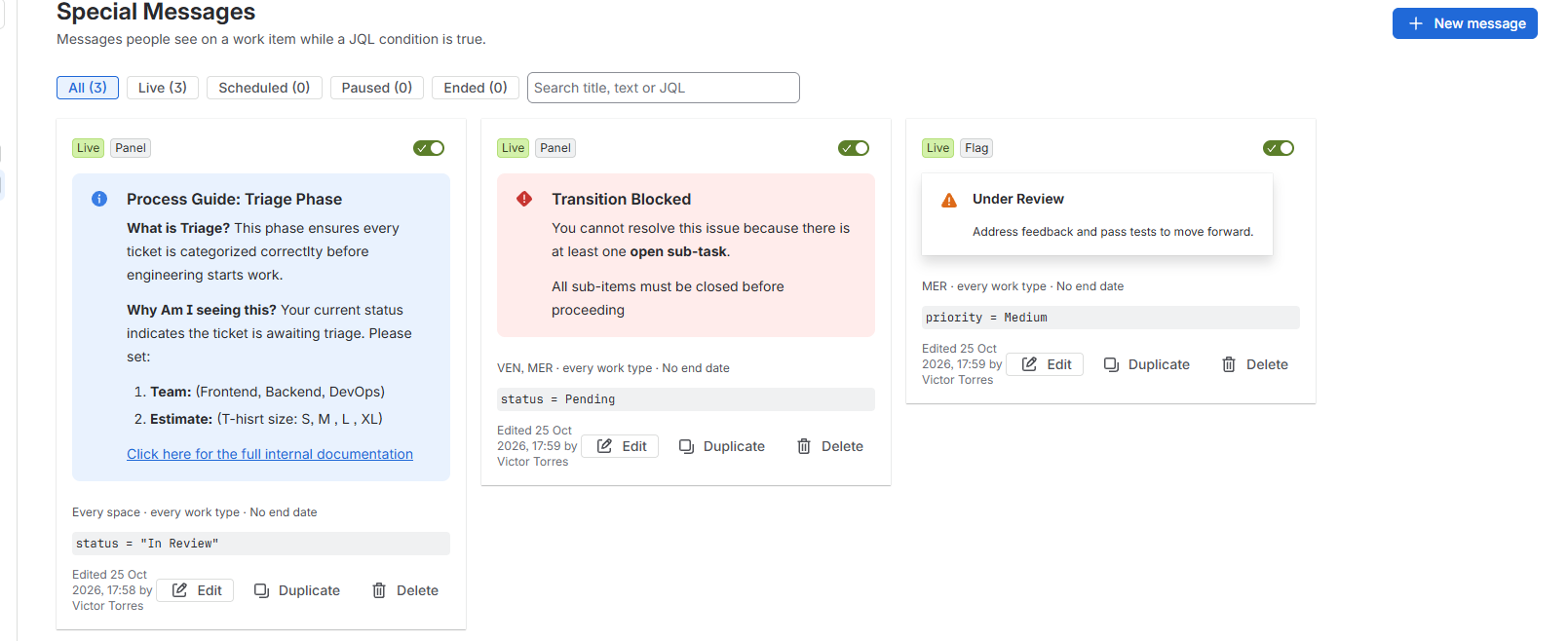 The Special Messages admin board with message cards and state filters